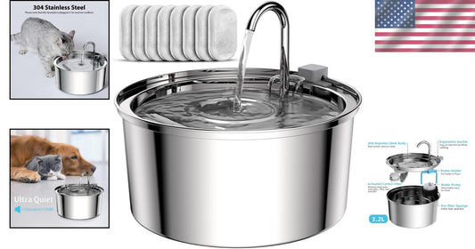 Large 3.2L Stainless Steel Pet Water Fountain - Includes 8 Replacement Filters