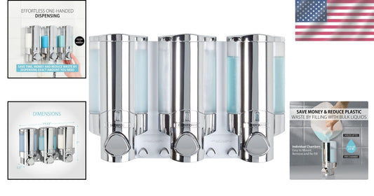 Chrome 3-Chamber Pump Dispenser for Soap, Shampoo & Conditioners - Quick Install