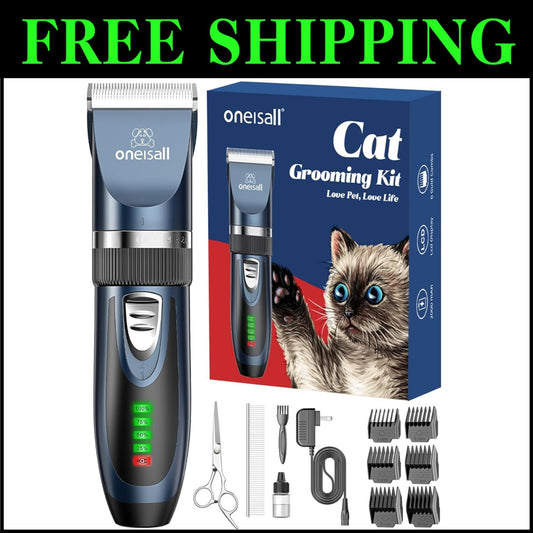 Rechargeable Cat Grooming Clippers with LCD & Accessories - Pet Care Kit in Blue