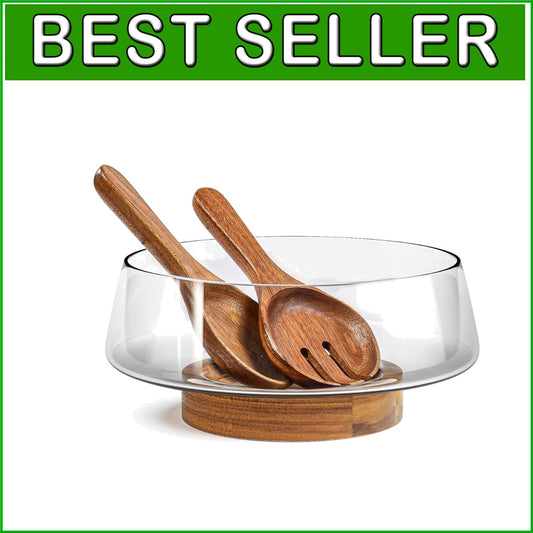 Elegant Handcrafted Glass Salad Bowl with Rustic Acacia Serving Base & Spoon Set