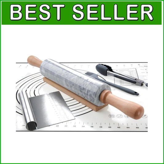 18.5-Inch Polished Marble Rolling Pin Set: Pastry Mat, Brush, & Tongs Included