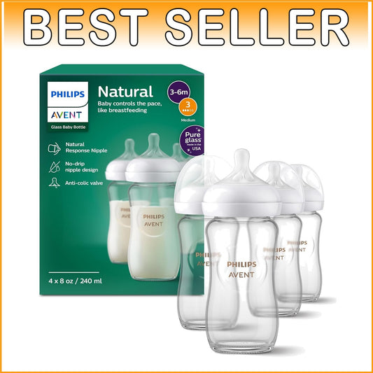 Premium Philips 8oz Glass Baby Bottles - Flow 3 Natural Response Nipples, 4-Pack