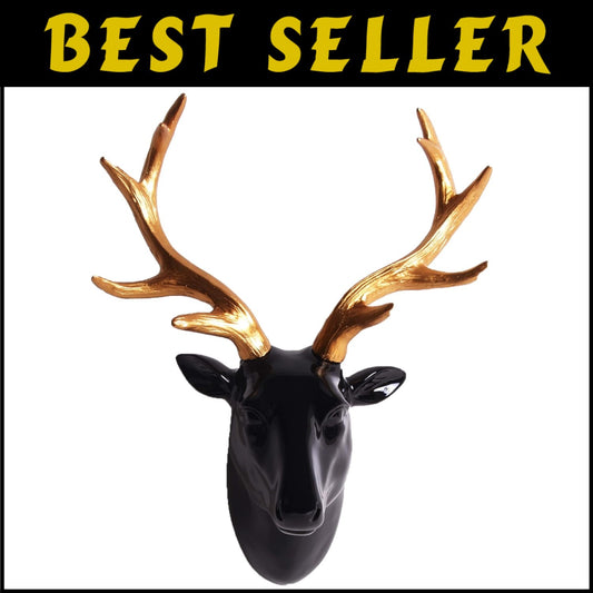Lightweight Black Faux Deer Head with Gold Antlers - Perfect for Unique Wall Art