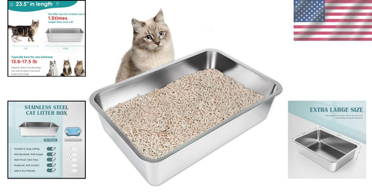23.5"L x 15.5"W Stainless Steel Cat Litter Box | Anti-Slip, Odor-Free Design