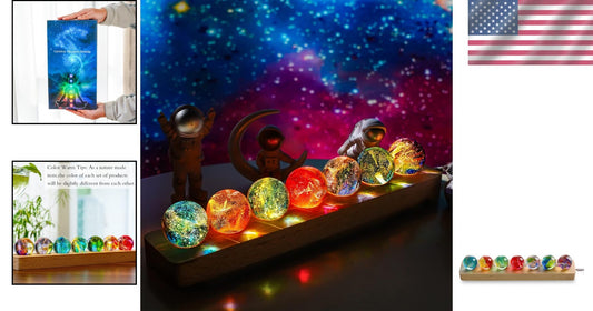 Multicolor 7 Chakra Crystal Spheres on Wooden LED Base - Perfect Gift Set