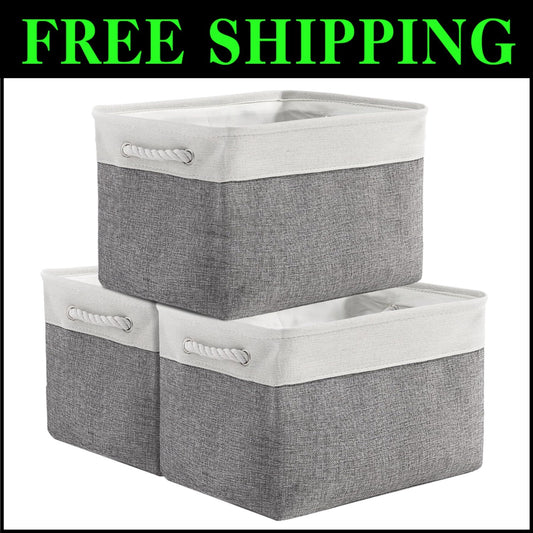 3 Pack Fabric Storage Bins in White & Grey - 16x12x12 Inches for Organization
