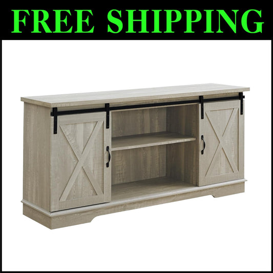 Charming 58-Inch Stone Grey TV Stand with Sliding Doors and 3 Adjustable Shelves