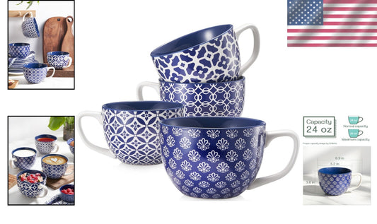 24 oz Vintage Blue Mugs - Stylish, Durable Tableware for Home & Celebrations