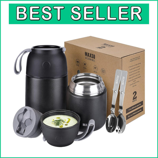 2-Pack Vacuum Insulated Food Jars - Black Thermal Lunch Containers for Travel