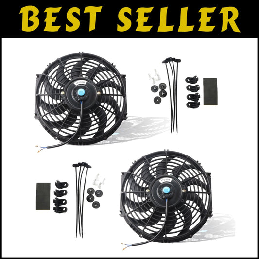 Black Universal 12V Slim Electric Radiator Fans Set of 2 with Mounting Kit