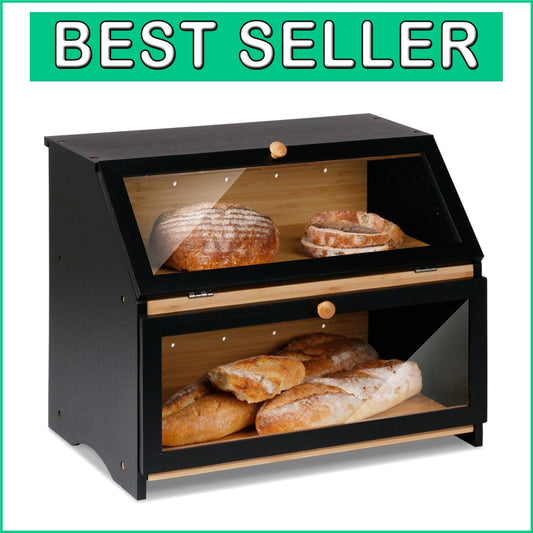 Elegant Black Bamboo Bread Box with Double Layers for Optimal Freshness