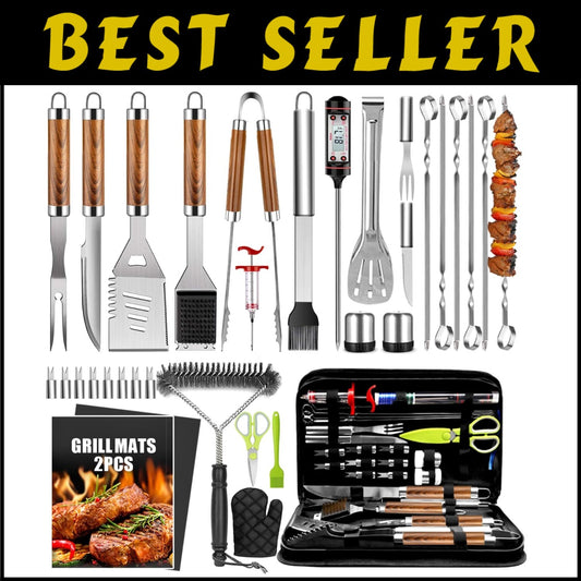 34-Piece Premium Stainless Steel BBQ Accessory Set with Thermometer & Mats