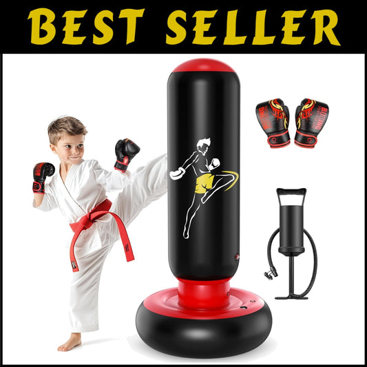 Durable Inflatable Kids Boxing Bag & Gloves Set - Fun Fitness for 6-12 Year-Olds