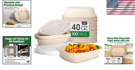 100-Pack 40 Oz Compostable Paper Bowls - Heavy Duty & Leak-Proof for Parties