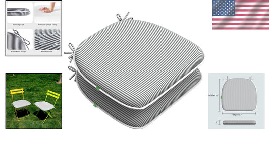 Stylish Grey Strip Seat Cushions for Indoor/Outdoor Chairs - Set of 2 Easy Care