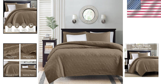 Luxurious Cotton-Filled Quebec Coverlet with Damask Shams - King/Cal King Size