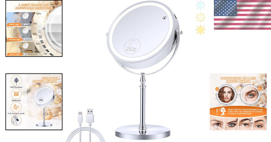 20X Double-Sided Lighted Makeup Mirror with 3 Color Brightness & 360° Rotation