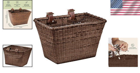 Durable Cane Woven Bicycle Basket with Classic Leather Straps - Perfect Gift