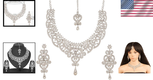 Bridal Elegance: White Crystal Jewelry Set with Necklace & Extra Long Earrings
