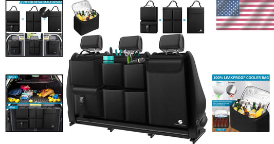 Hanging Car Trunk Organizer with Leakproof Cooler - 7 Large Compartments, Black