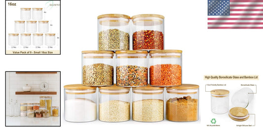 Borosilicate Glass Jars Set with Bamboo Lids - 16oz, 9-Piece Storage Collection