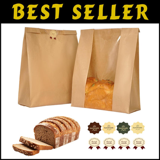 Elegant Kraft Paper Bread Bags with Window - 200 Bags & 410 Stickers Included