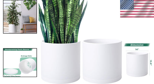 Elegant 14 Inch Cylindrical Plastic Planters with Drainage Holes & Saucer Set