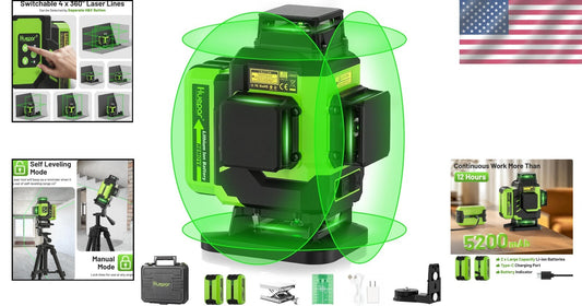Durable Green Beam 4X360° Laser Level with Lithium-ion Batteries + Accessories