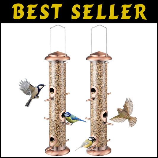 Durable 6-Port Hanging Bird Feeders - Brushed Copper Finish, Set of 2