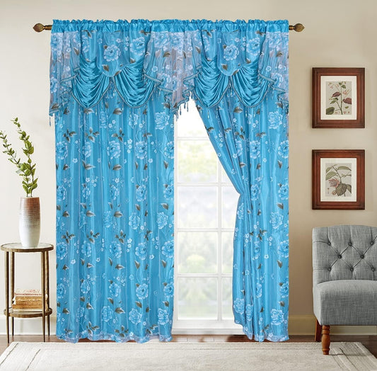 Balsam Collection Sheer Backing Curtains - 2 Panels 55x84, Blue Floral Elegance