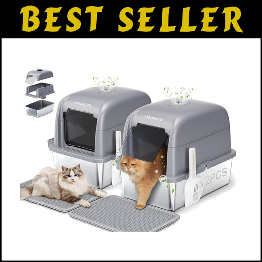 Odorless Extra Large Stainless Steel Cat Litter Box - 2 Pcs Durable Design