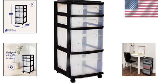 Compact 4-Drawer Plastic Storage Cart with Black Frame - No Assembly Needed