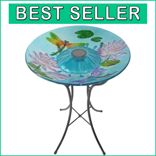 Elegant Handpainted Dragonfly Birdbath with Solar LEDs - 21" Garden Centerpiece