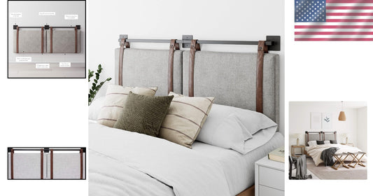 Harlow Wall-Mount Headboard Queen - Gray with Brown Faux Leather Straps
