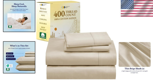 Elegant California King Bed Sheet Set – 4-Piece Cotton Sateen with Deep Pockets