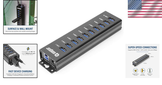10-Port USB 3.2 Gen 1 Mountable Hub with Fast Charging and 5Gbps Transfer Speed