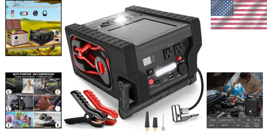 All-in-One Car Jump Starter, Tire Inflator, and Power Source with Solar Recharge