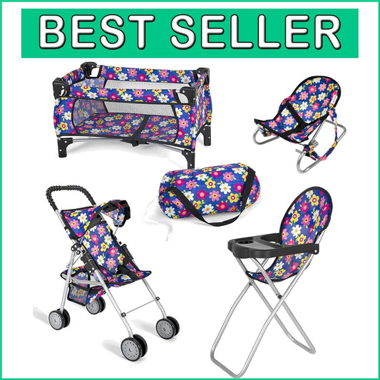 Toddler-Friendly 4 Piece Doll Accessories Set - Stroller, High Chair & Carry Bag