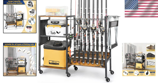 Professional Fishing Gear Storage on Wheels - 16 Rod Holder with Rubber Support