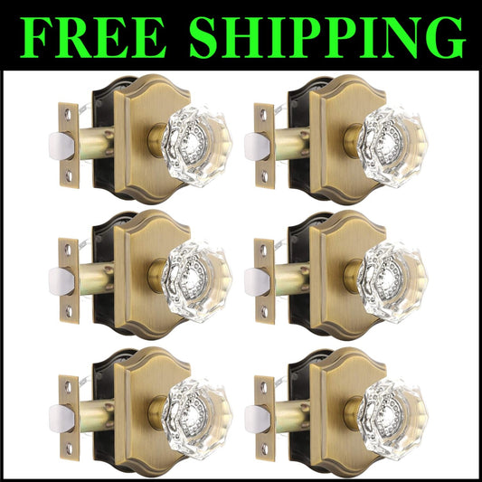 Classic Octagonal Crystal Passage Door Knobs - 6 Pack in Antique Brass