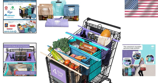 Foldable Colorful Shopping Bags Set - Insulated Cooler & Egg Holders Included