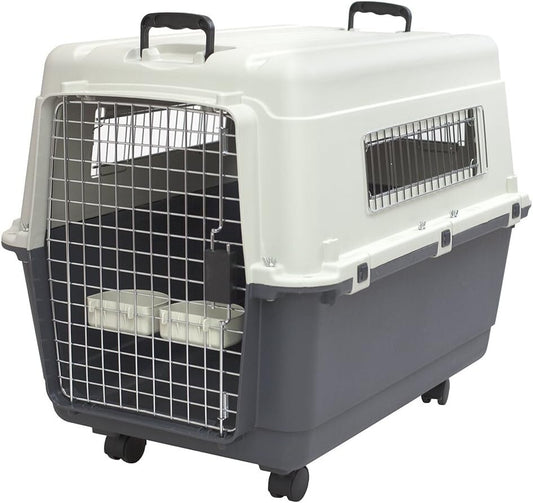 Durable Large Gray Dog Crate with Wheels - IATA Approved Travel Kennel