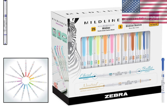 Zebra Double-Ended Mildliner Highlighters - 30 Assorted Colors for Note Taking