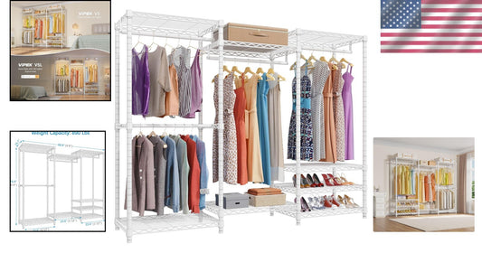 Freestanding White Closet Wardrobe Rack - Supports 890 lbs, 8 Shelves Included