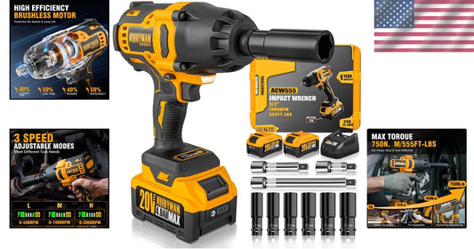 Efficient Cordless Impact Wrench 750 N.m Torque - Complete Tool Package