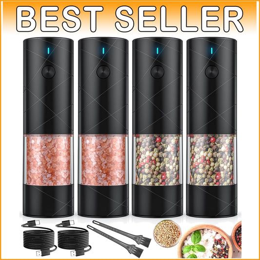 4-Pack Rechargeable Electric Salt & Pepper Grinders with LED Light & Adjustab...