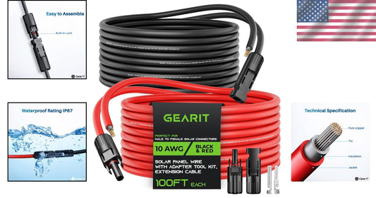 Weatherproof 100FT 10AWG Solar Extension Cable with Tinned Copper Connectors