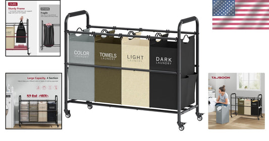 Heavy-Duty 4-Section Laundry Hamper on Wheels - Removable waterproof Bags