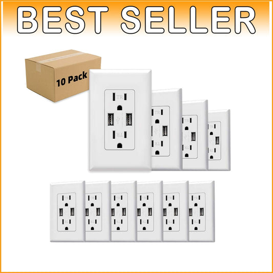 Effortless 3.1A Dual USB Charging Wall Outlet - 15-Amp Tamper Resistant 10-Pack