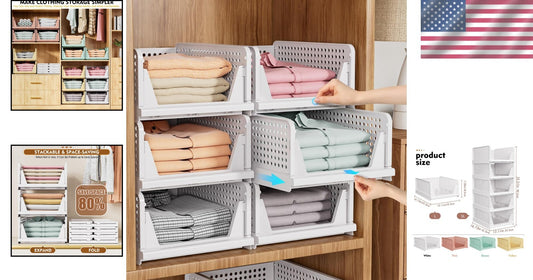 5-Pack Stackable Closet Organizer Bins, Foldable Storage Solution in White